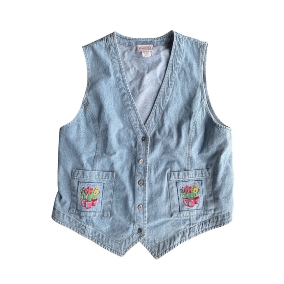 Jackets & Blazers - Vintage Stampede Denim Floral Embroidered Vest Large Garden Cottagecore 90s